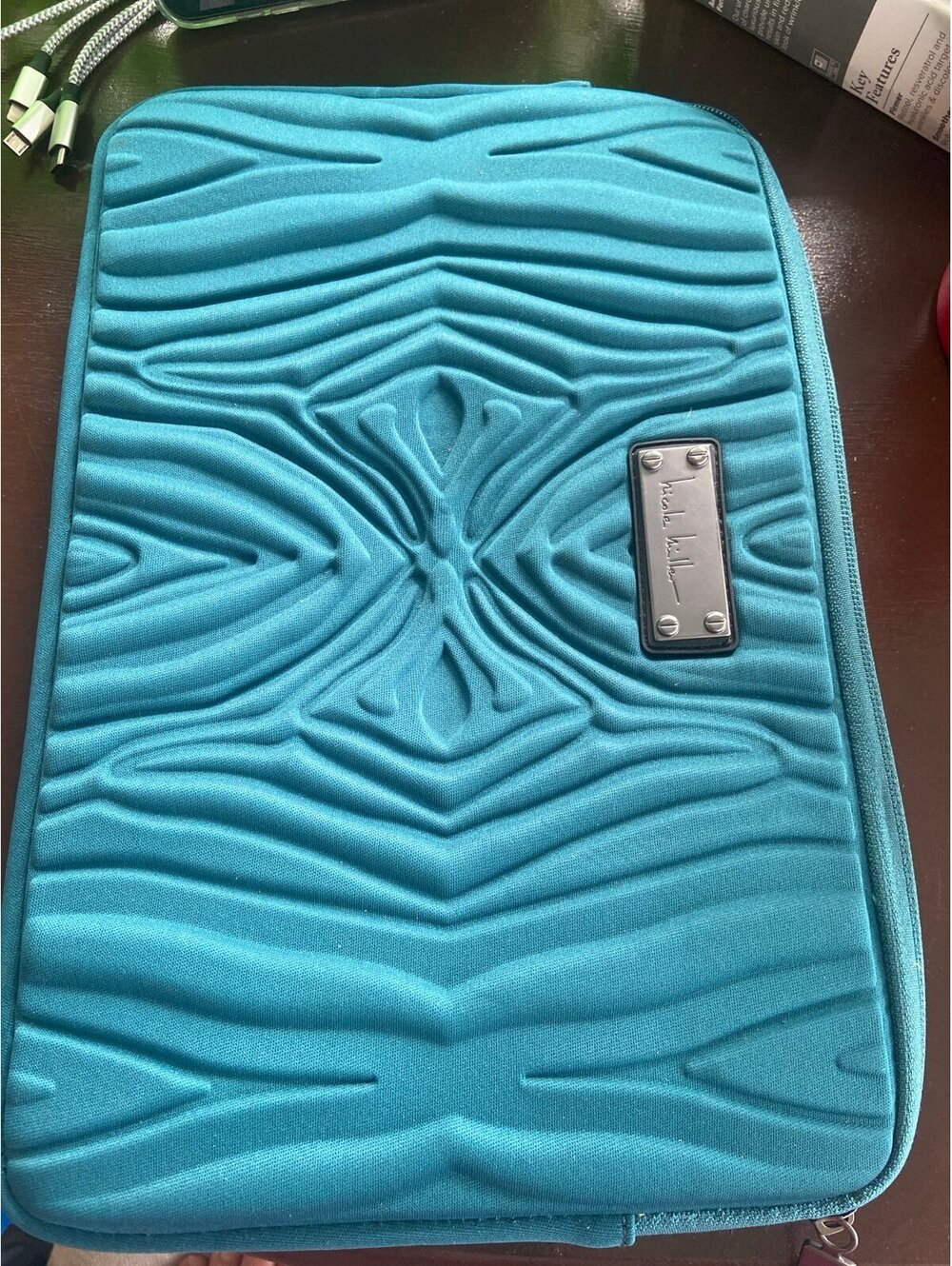 C337 Nicole Miller Teal Textured laptop carry on cover bag 13x8